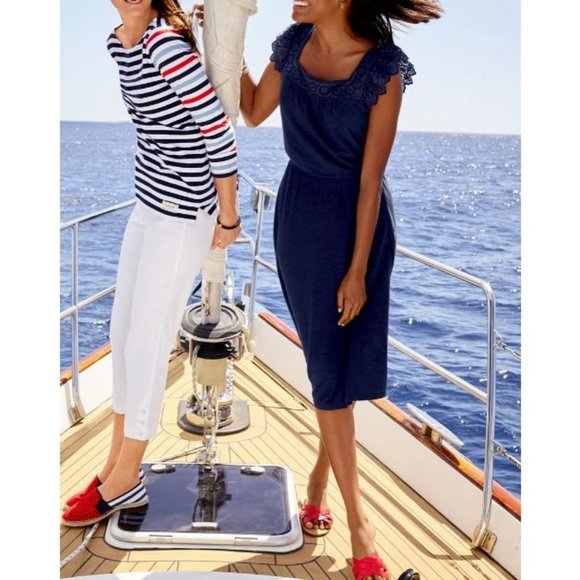 Talbots Dress M Medium Cobalt Blue Stretch Eyelet Slub Cotton Square Neck NEW - Picture 11 of 11